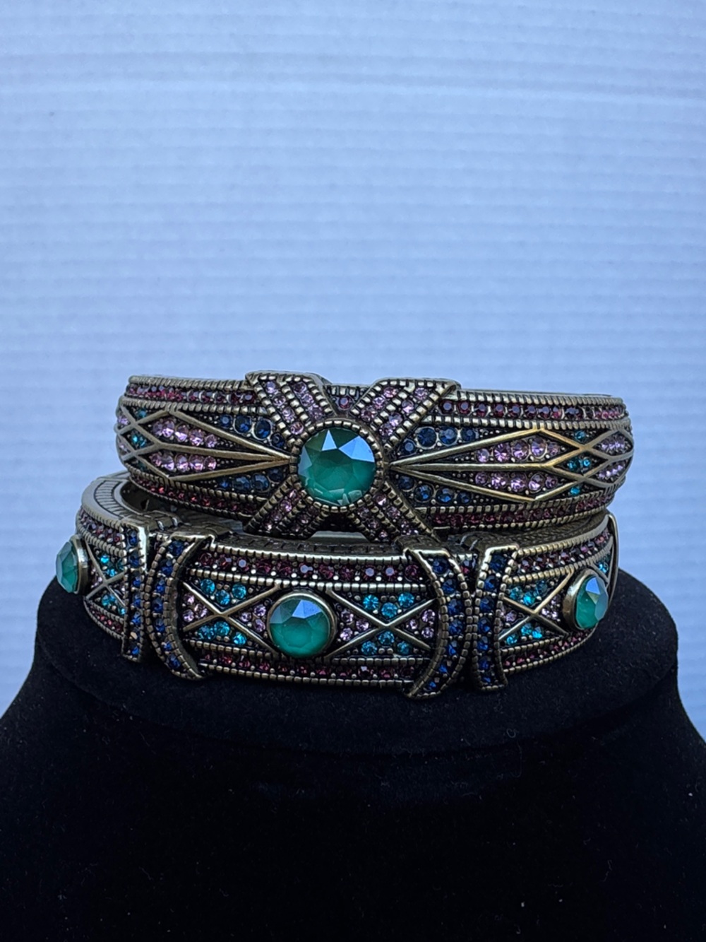 Heidi Daus Emerald, Teal and Purple Crystal Filigree Bangle Bracelet Set